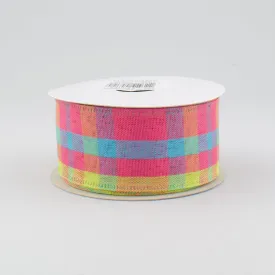 1.5" Faux Linen Plaid Ribbon: Hot Pink, Lime & Blue (10 Yards)