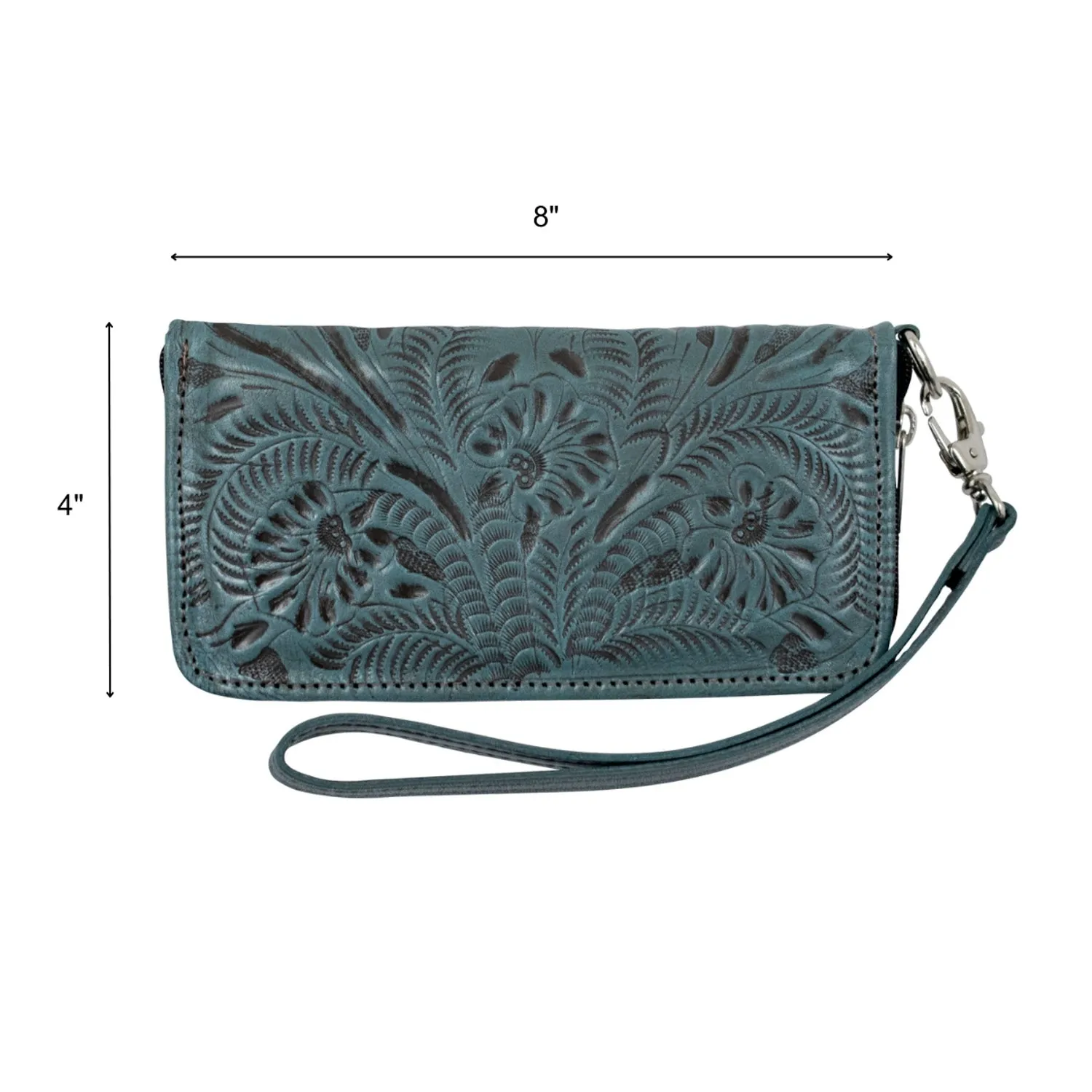 American West Womens Hand Tooled Denim Blue Leather Zip Around Wallet