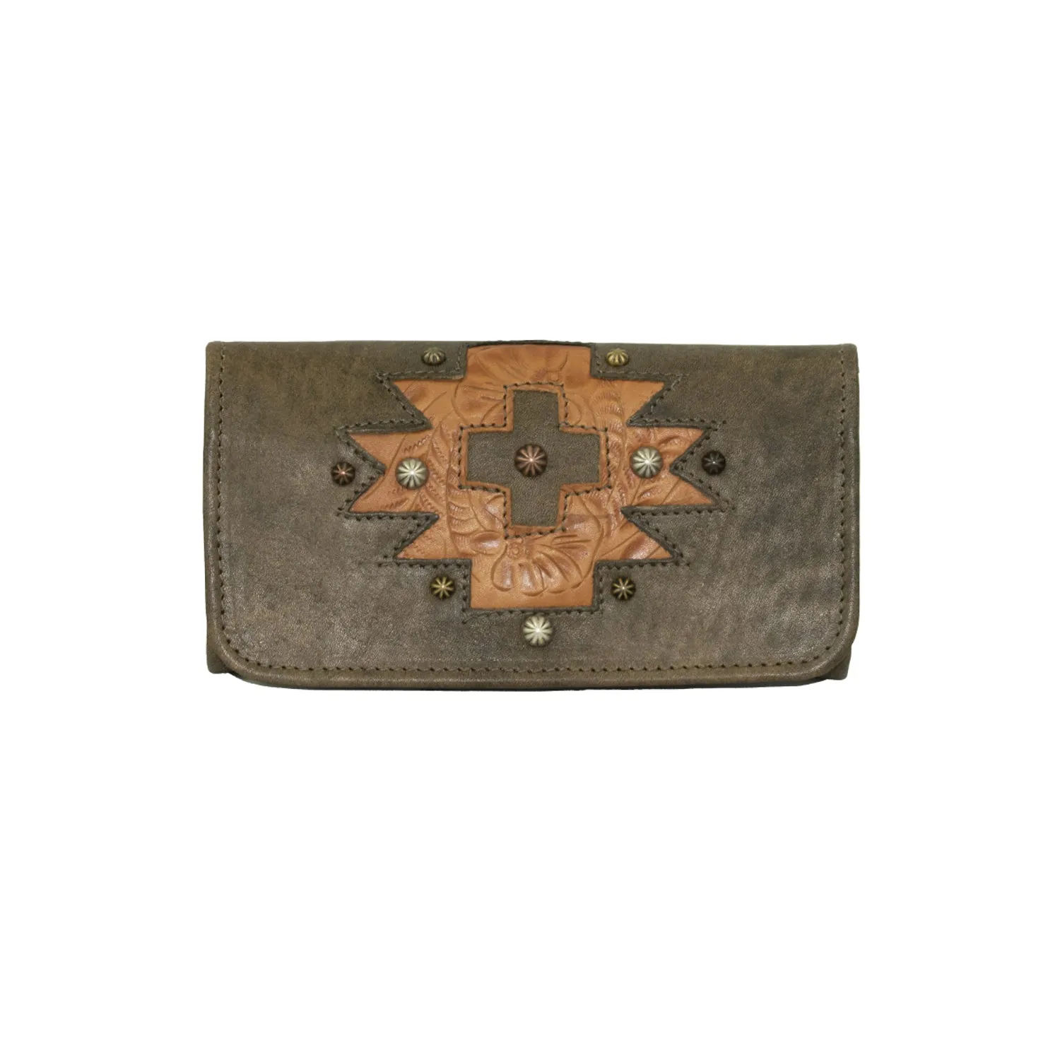 American West Womens Navajo Soul Distressed Charcoal Leather Trifold Wallet