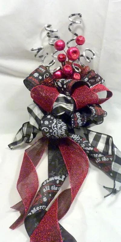 Black and White Buffalo plaid Ribbon Tree topper, Farmhouse Christmas topper