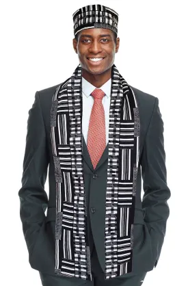 Black and White Kente African Print Hat and Stole/Sash/Scarf