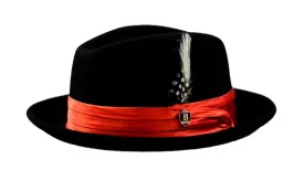 Black Fedora with Red Band Wool Felt Dress Hat