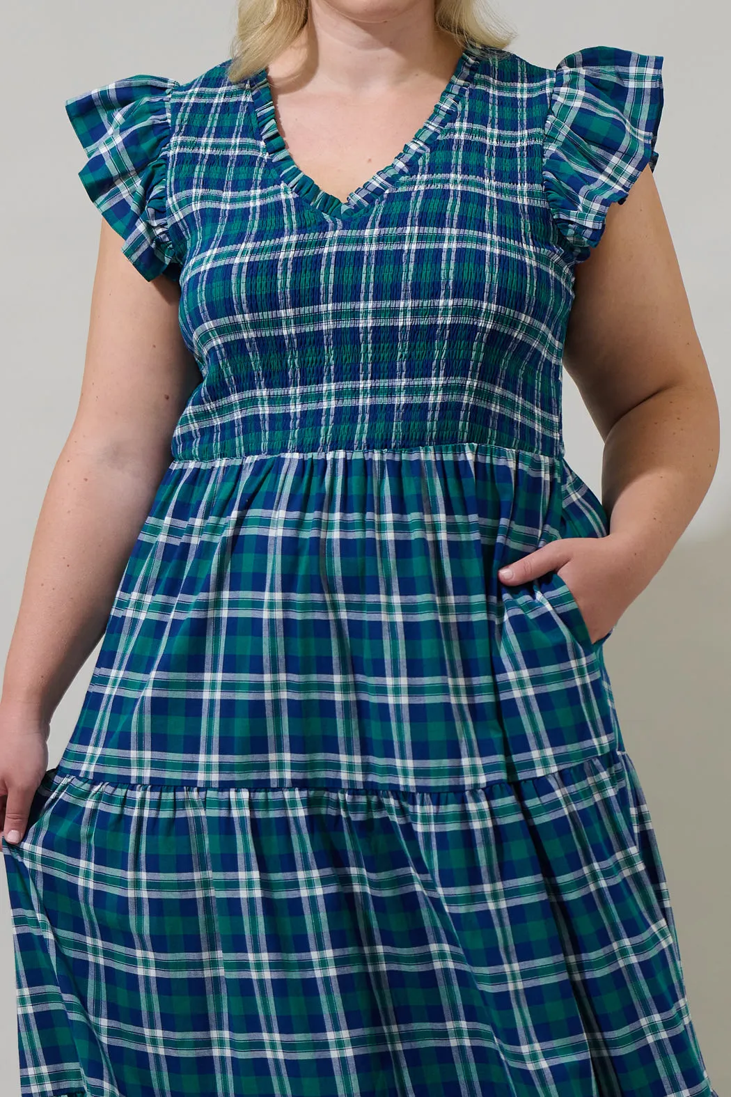 Buckley Plaid Sunfire Smocked Bodice Tiered Midi Dress Curve