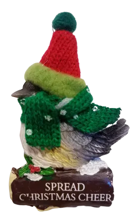 Cozy Bird with Green Scarf and Santa Hat Ornament 3"- Spread Christmas Cheer