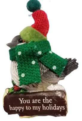 Cozy Bird with Green Scarf and Santa Hat Ornament 3"- You are the Happy to my Holidays