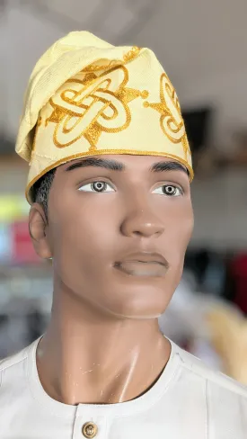 Dupsie's Gbadun Cream Nigerian African Cream and Gold Embroidered Aso Oke Handwoven Fila Kufi Cap Hat DPHACG3