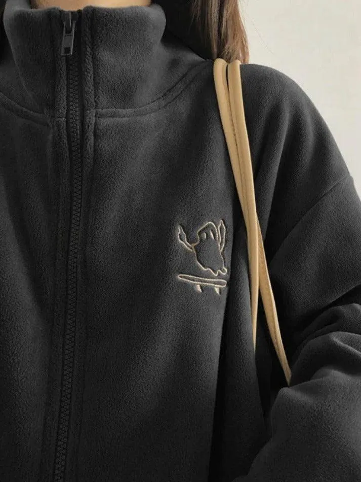 Embroidery Zip Up Fleece Jacket