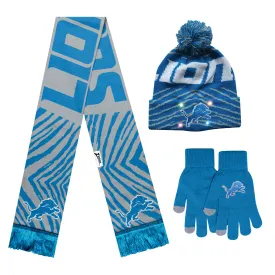 FOCO X Zubaz NFL Collab 3 Pack Glove Scarf & Hat Outdoor Winter Set, Detroit Lions