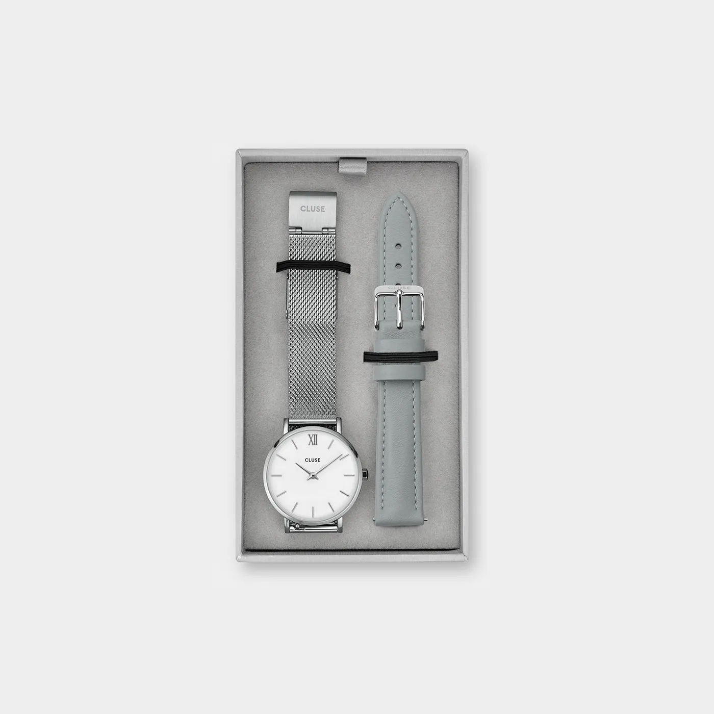 Gift Box Minuit Watch Mesh & Grey Leather Strap, Silver Colour