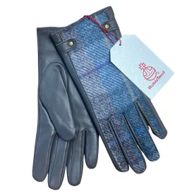 Harris Tweed and Leather Ladies Gloves - Blue/Grey Check