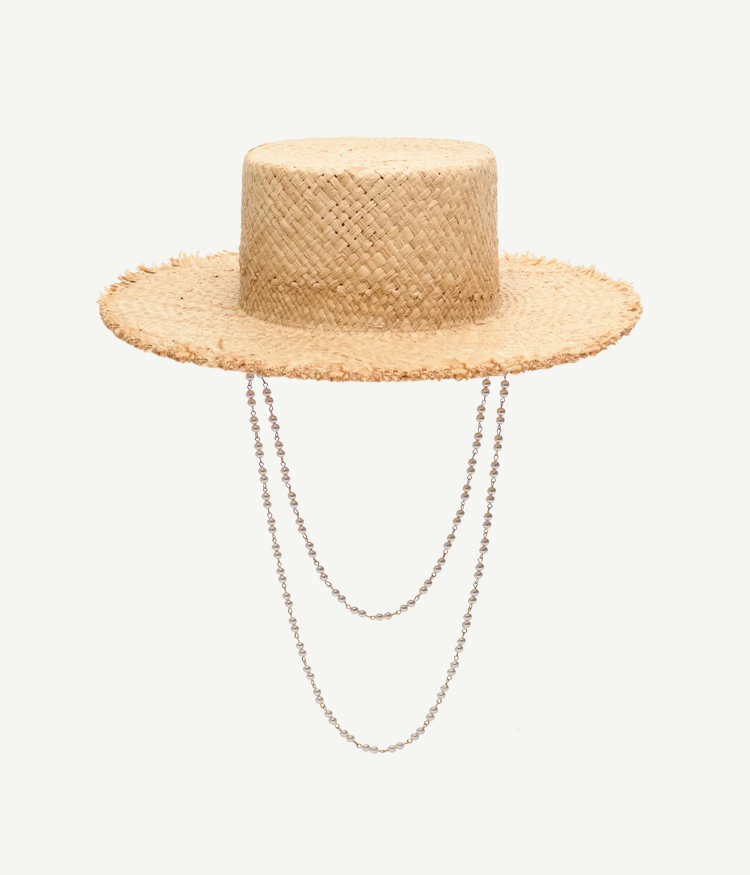 Pearl Chain Frayed-Brim Canotier Hat