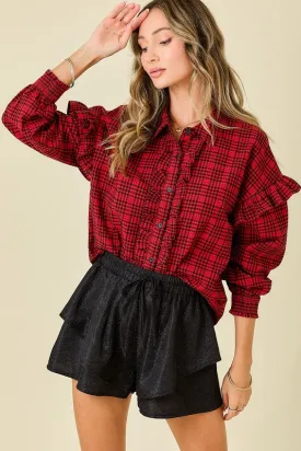 Plaid Shirt With Ruffles & Smocked Sleeve Cuffs