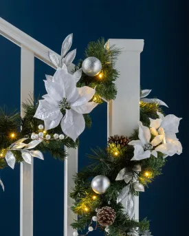 Pre-Lit Decorated Garland, Silver/White, 9 ft