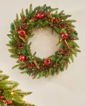 Pre-Lit Decorated Wreath, Apples & Cinnamon Sticks, 76 cm