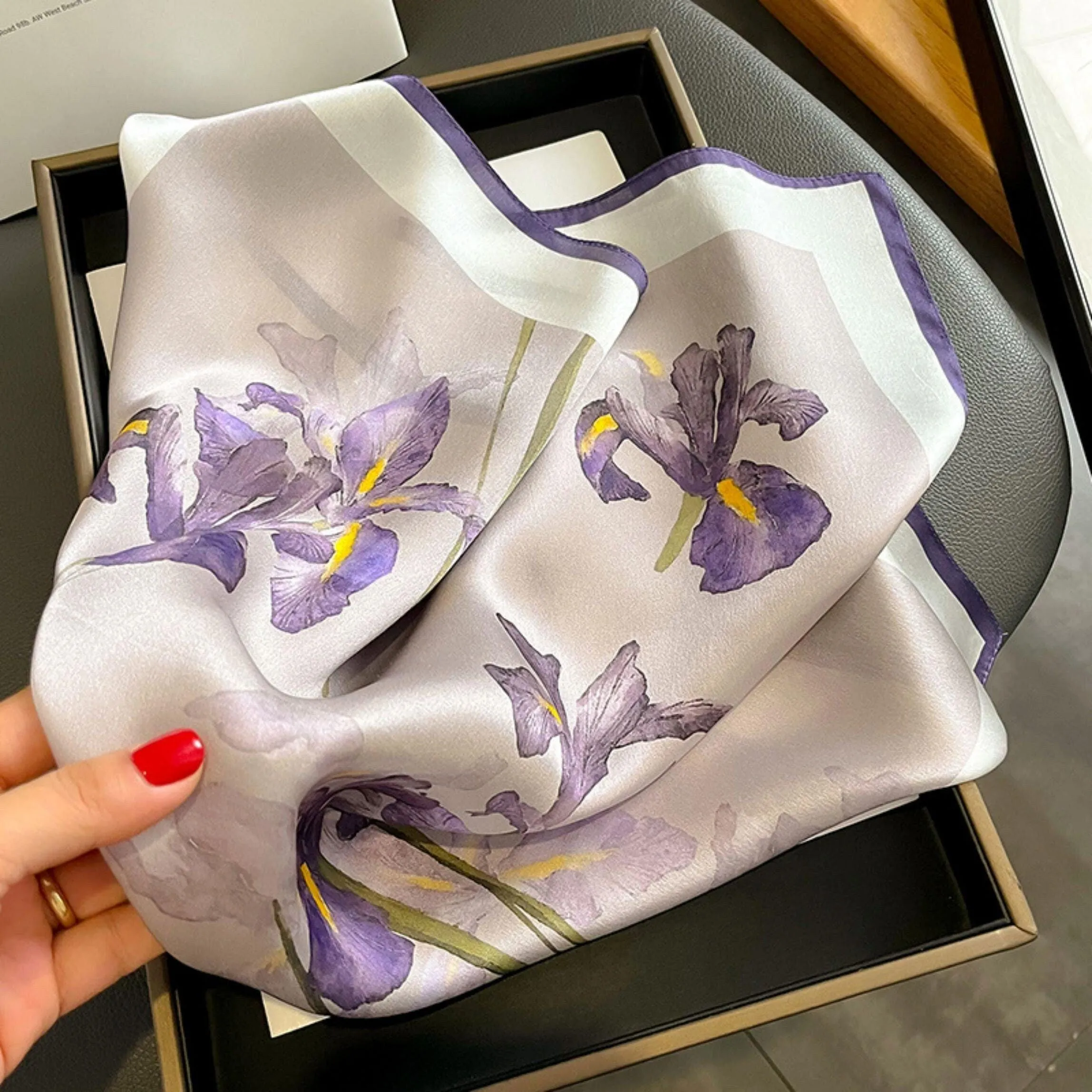 Purple Iris 100% mulberry Silk Scarf/Silk head scarf/Silk hair scarf/Silk neck scarf/Mother's Day Gifts/Bag Accessory/Gift for her