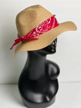 Red Bandana Fedora Straw Hat