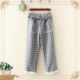 Women's Casual Contrast Color Plaid Straight Pants With Two Pockets